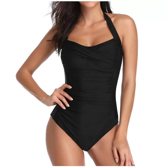 YTCAMLO High Cut One Piece Swimsuit Women, Fashion Modest Swimwear with Shorts, Halter Backless Ruched Tummy Control Bathing Suits, Black S