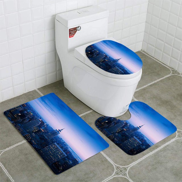ABPHQTO Vista del horizonte de la ciudad de Nueva York de Manhattan Juego de alfombras de baño de 3 piezas Alfombra de baño Alfombra de contorno y tapa de inodoro