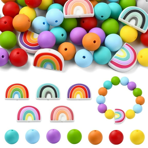 1Set 75Pcs Round/Rainbow Silicone Focal Beads Mixed Color 15~18x15~25x15mm Hole: 2mm
