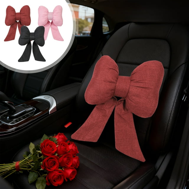 Cotton Neck Pillow Black Car Headrest Neck Pillow with Bow Ribbon Soft Support for Travel and Commuting(1Pcs) Rkxzt