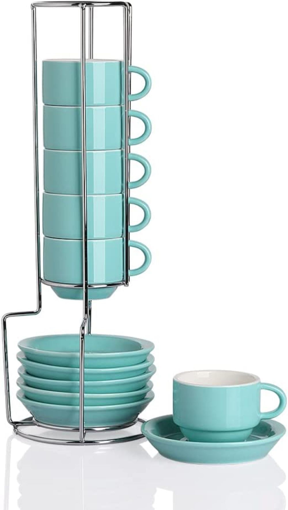 SWEEJAR Porcelain Espresso Cup & Saucer Set,Ceramic Stackable Demitasse  Coffee Cups with Metal Stand, 2.5 oz ,Set of 6,Black 