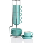 SWEEJAR Porcelain Espresso Cup & Saucer Set,with Metal Stand,2.5 OZ,Set of 6,Turquoise