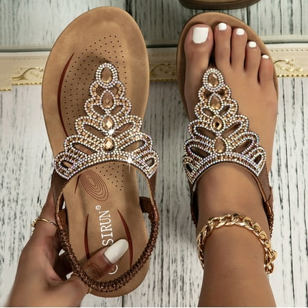 

Sandals For Women Comfort With Elastic Ankle Strap Casual Bohemian Beach Shoes Fashion Rhinestone Decor Scallop Trim Thong Sandals