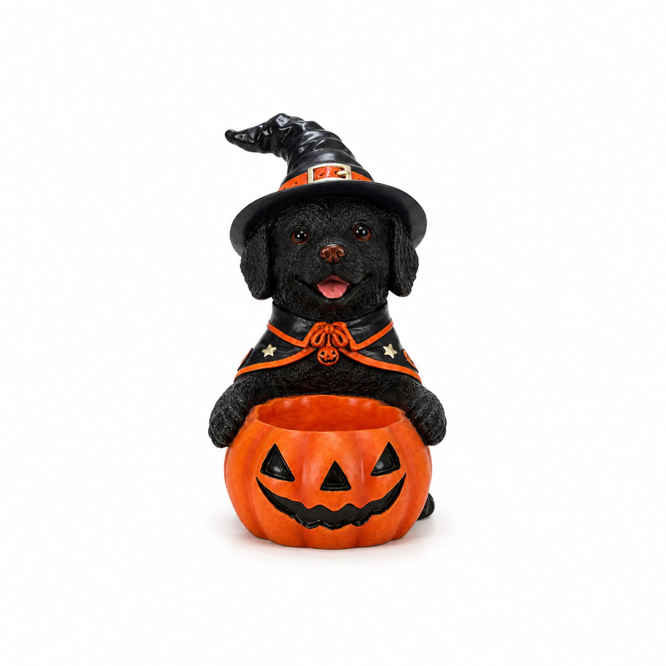 Noble House Halloween Labrador Retriever Witch Puppy Figurine with Pumpkin Candy Bowl, Decorative Statue, Black