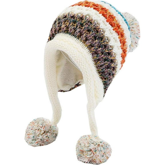 YooGuoGuo Women Fleece Lined Beanie Cap Contrast Color Warm Knitted Ski Hat w/Earflap Pom