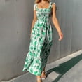 thumbnail image 6 of VSSSJ Womens Tie Strap Sleeveless Maxi Casual Dresses Smocked Summer Square Neck High Waist Solid Print Vacation Flowy Long Dress Green XXL, 6 of 7