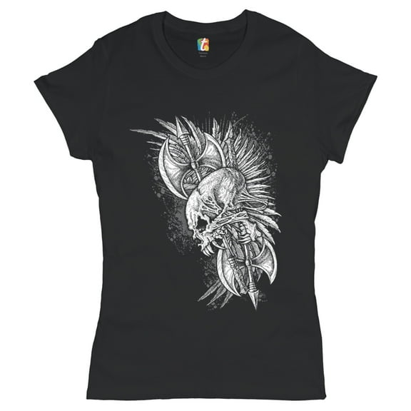 Tee Hunt Winged Skull T-Shrit Viking Warrior Skeleton Labrys Axe Gothic Women's T-Shirt Tee