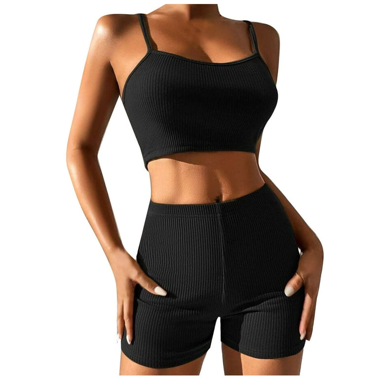 UHUYA Womens 2 Piece Workout Sets, Sport Biker Shorts Set, High Waist  Shorts with Sport Bra, Legging Outfit Tracksuit Yoga Outfits, Fashion Solid  Color Suspenders Casual Suit Black M US:6 