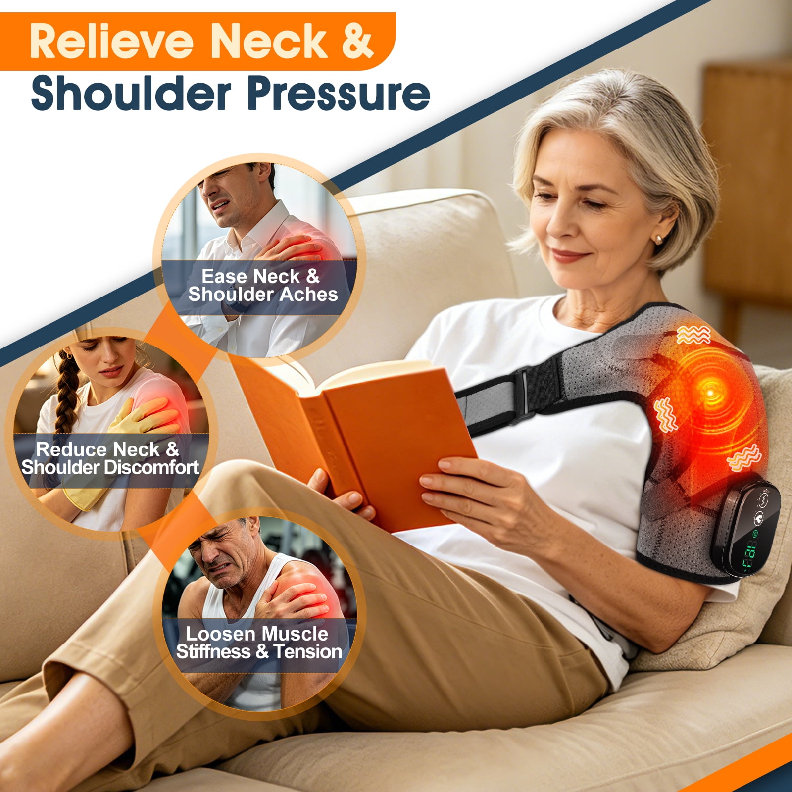 Heated Shoulder Brace Wrap, Electric Shoulder Heating Pad with Massage, Cordless Heated Shoulder Massager with 3 Heat & Vibration for Men Women,Gray