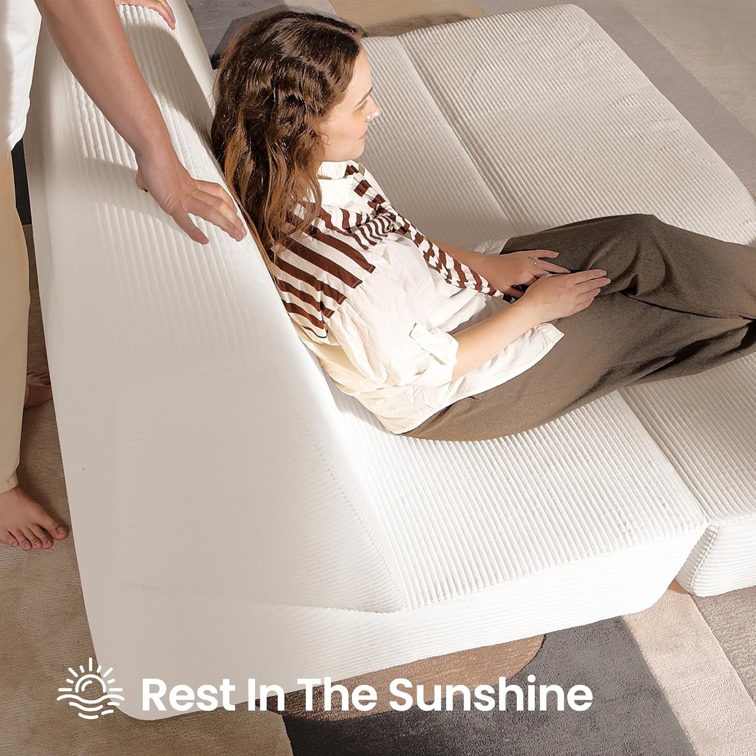 Vorthio Folding Sofa Bed, Convertible Sleeper Chair with Pillows, High Support Memory Foam & Soft Corduroy Fbric, Comfy Couch Bed, Floor Loveseat Couch for Living Room,White
