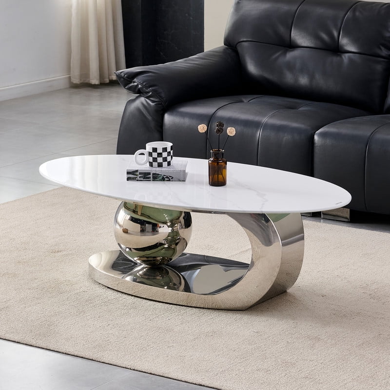 51.2-Inch Oval Faux Marble Top Center Coffee Table, Living Room End Table with C-Shaped Stainless Steel Base