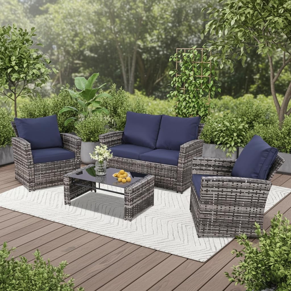 Ainfox 4-Piece Blue Outdoor Wicker Patio Furniture Set, Rattan Sectional Sofa with Cushions & Glass Table