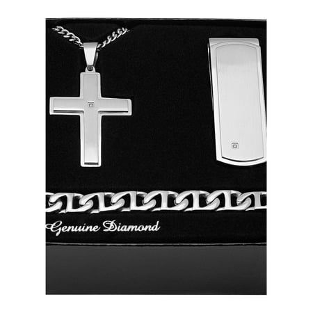 Men's Stainless Steel Diamond Accent Cross Pendant, Money Clip, Bracelet - Mens gift box set