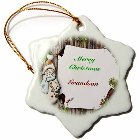 Snowman Snowflake Ornament 3dRose Print of Merry Christmas Grandson With Snowman - Snowflake Ornament, 3-inch ()
