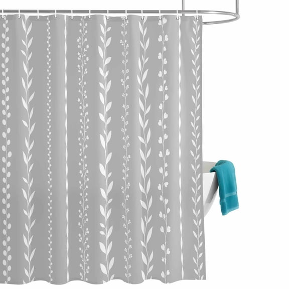 Leaves Vertical Stripe Shower Curtain, Rustic Minimalist Floral Gray White Vine Waterproof Shower Curtain Set with 12 Hooks Lightweight Bath Curtains Fabric Bathroom Decor 72x96 Inches