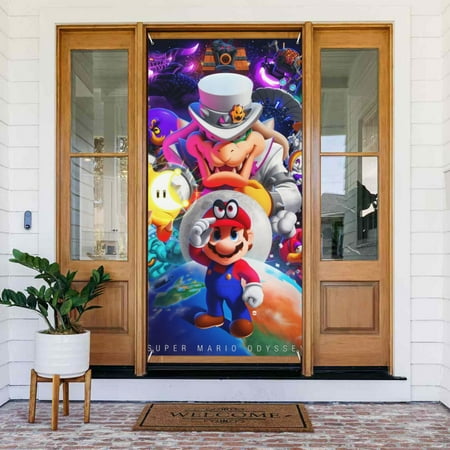 Super Mario Odyssey Door Cover Decorated Banner Tapestry Home Decoration Holiday Party Supplies Door Banner Porch Sign Banner 72.8 x 35.4 Inch