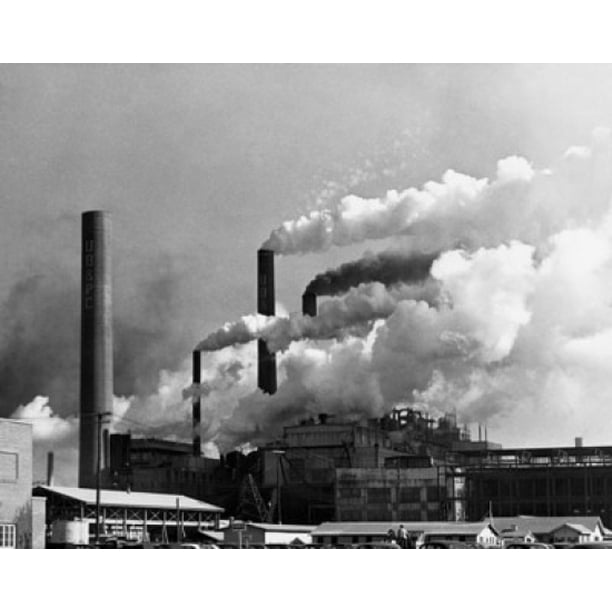 Smoke emerging from smoke stacks of a paper mill Union Bag & Paper Company Savannah USA