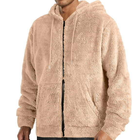 Wutalume Winter Thickened Warm Double-Sided Fleece Jacket with Full-Length Zipper, Loose Fit Cardigan Style, Casual Hooded Coat for Men,Beige L