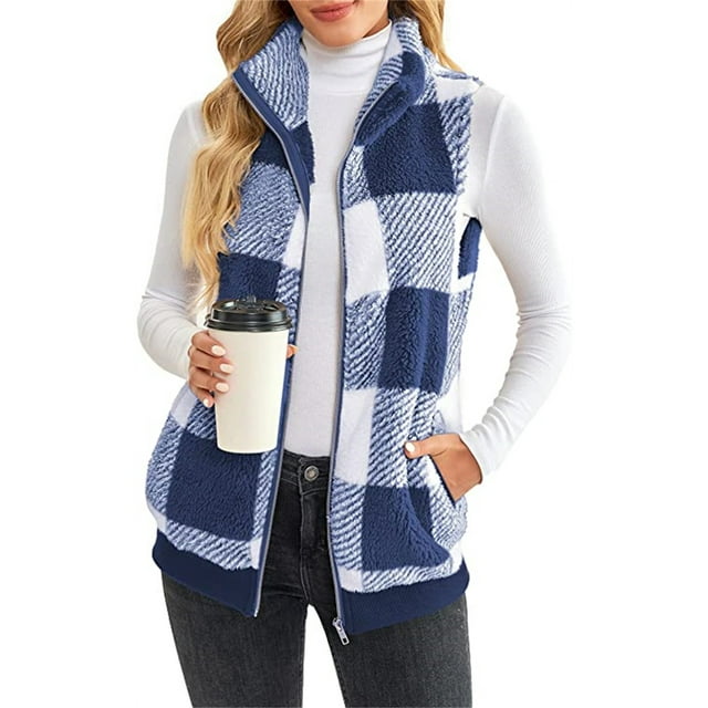Fashnice Gilet à Fermeture Éclair pour Femmes, Imprimé à Carreaux, Veste en Peluche Automne, Bleu TG