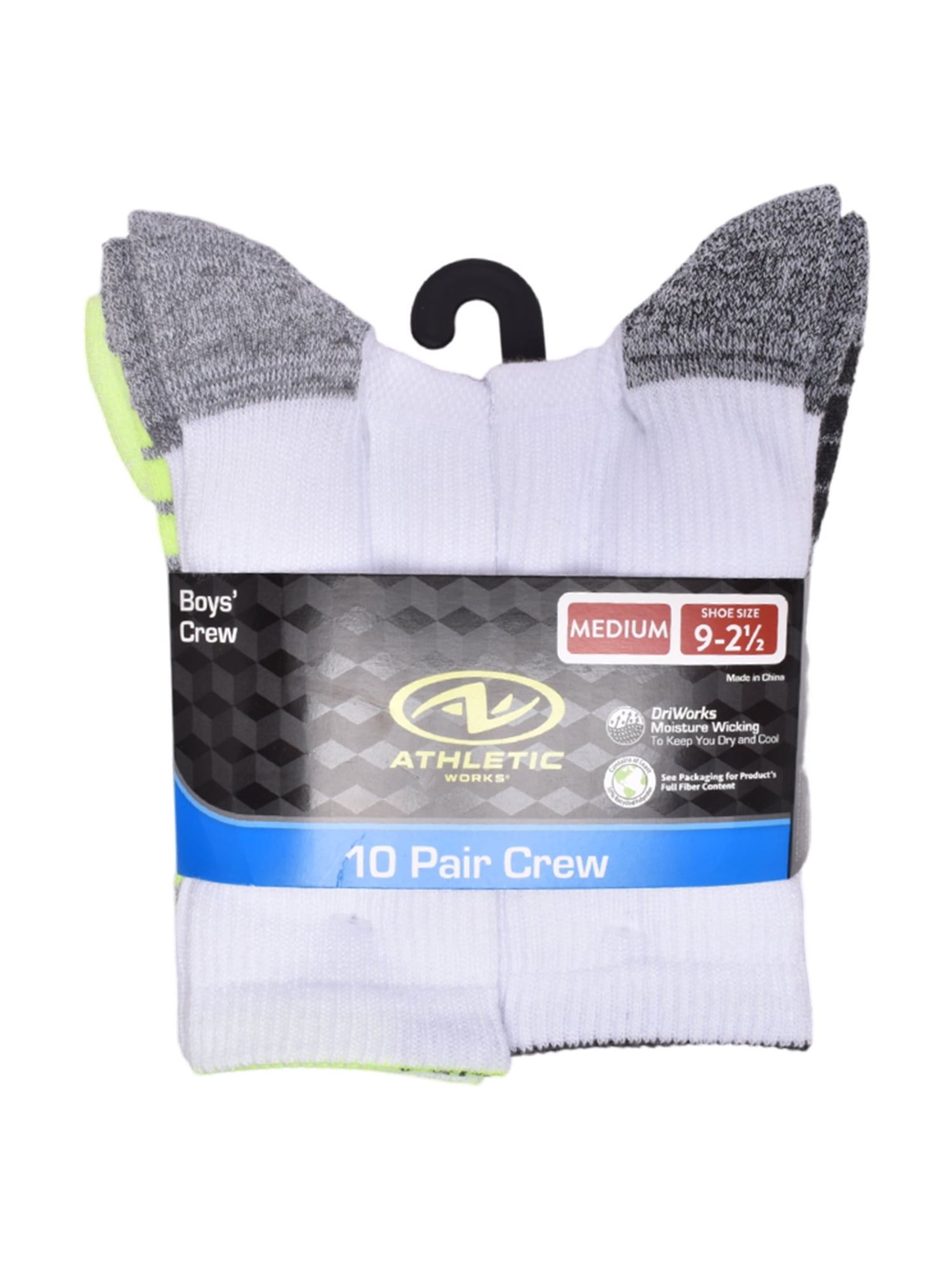 Athletic Works Boys Cushioned Crew Socks, 10-Pack S (4-8.5) - L (3-9)