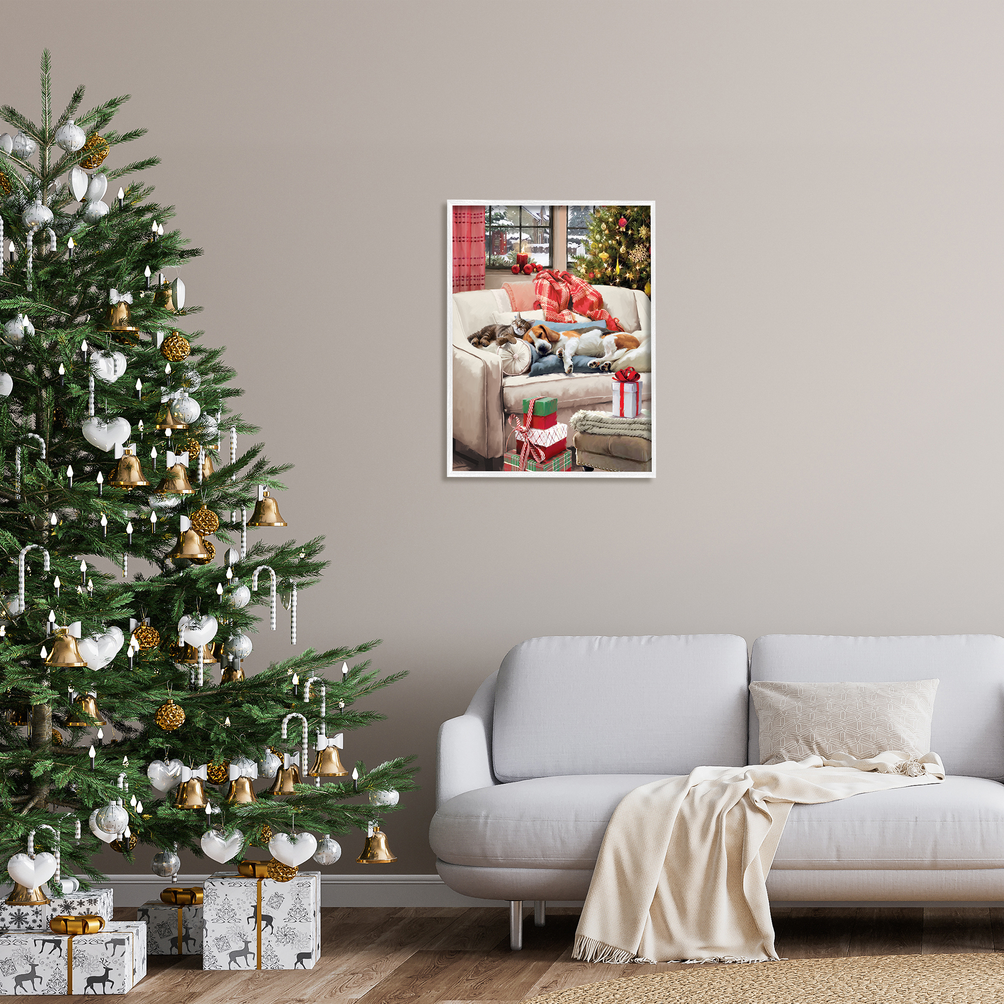 Stupell Industries Pets on Holiday Couch Holiday Painting White Framed Art Print Wall Art, 24 x 30