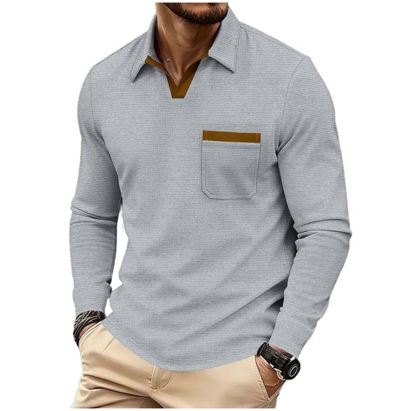 Mens Shirts, Men's Casual Shirts Classic Long Sleeve Basic Button T-Shirt Lapel Lightweight Fall Golf Tops with Pocket Gray S