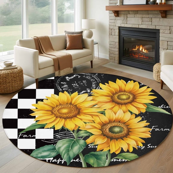 Round Area Rug 5 Ft, Yellow Sunflower Washable Non-Slip Circle Carpet for Living Room/Bedroom, Black White Plaid Watercolor Floral Low-Profile Runner Mats Collection Rugs for Indoor