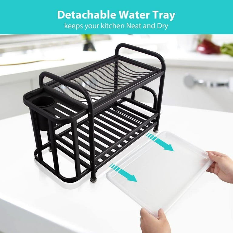 HA-EMORE 2 Tier Dish Drying Rack with 3 Free Hooks Double Thick 304  Stainless Steel Rustproof Dish Rack with Cutting Board Holder Utensil  Holder Dish Drainer for Kitchen Counter 