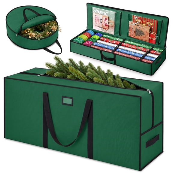 Firstness 3Pcs Christmas Tree Storage Bag, Storage Bag for 7.5ft Christmas Tree, Wrapping Paper and Wreath, Green