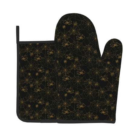 

Gaeub Gold Spiders And Cobwebs Print Oven Mitts and Pot Holders Sets of 2 Heat Resistant Pad Cooking Gloves for Baking BBQ Home Decor