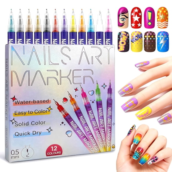Nail Art Pens Set 12 Colors Nail Art Markers,2025 Nail Polish Pens Drawing Painting Pen for Home Salon,Quickly Dry Nail Art Nail DIY Decoration for Adult