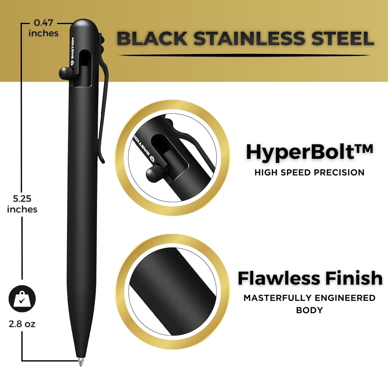 Bastion Stainless Steel Bolt Action Pen, Jet Black, Ballpoint Refillable, 1 Count