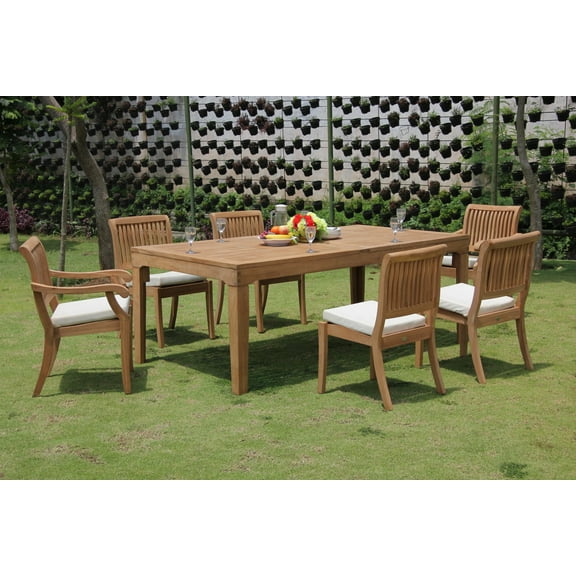 Teak Dining Set: 6 Seater 7 Pc: Large Caranasas 122" Double Extensions Rectangle Dining Table,4 Armless & 2 Arbor Stacking Arm/Captain Chairs Outdoor Patio Grade-A Teak Wood WholesaleTeak #WMDSAB41
