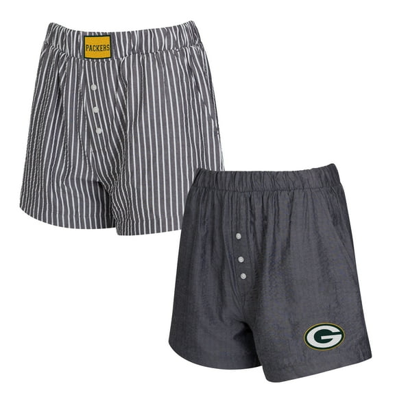 Women's Concepts Sport  Charcoal Green Bay Packers Two-Pack Stripes and Solids Boxer Shorts Set