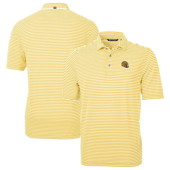 Men's Cutter & Buck Gold Green Bay Packers Helmet Virtue Eco Pique Stripe Recycled Polo