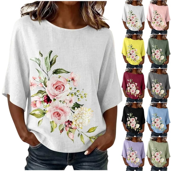 Favoffer Women's Printed Round Neck 3/4 Sleeve Blouses Loose Casual Tops Breathable Pullover Shirts for Spring Summer Daily Travel