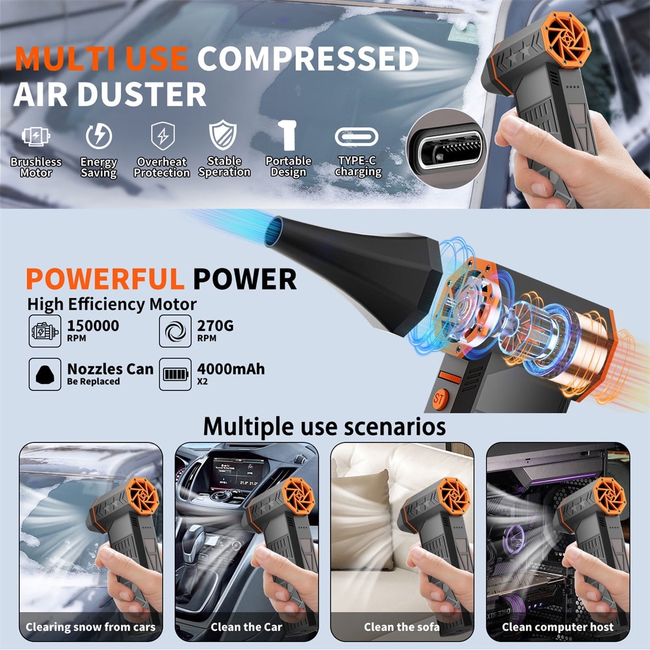 Hxlamzoo 5000W Thermal Snow Blower with 8000mAh Battery & 13 Metal Blades, High-Speed Brushless Motor for Car Windshield Defrost, Driveway/Sidewalk Snow Removal, Household/Office Surface Cleaning