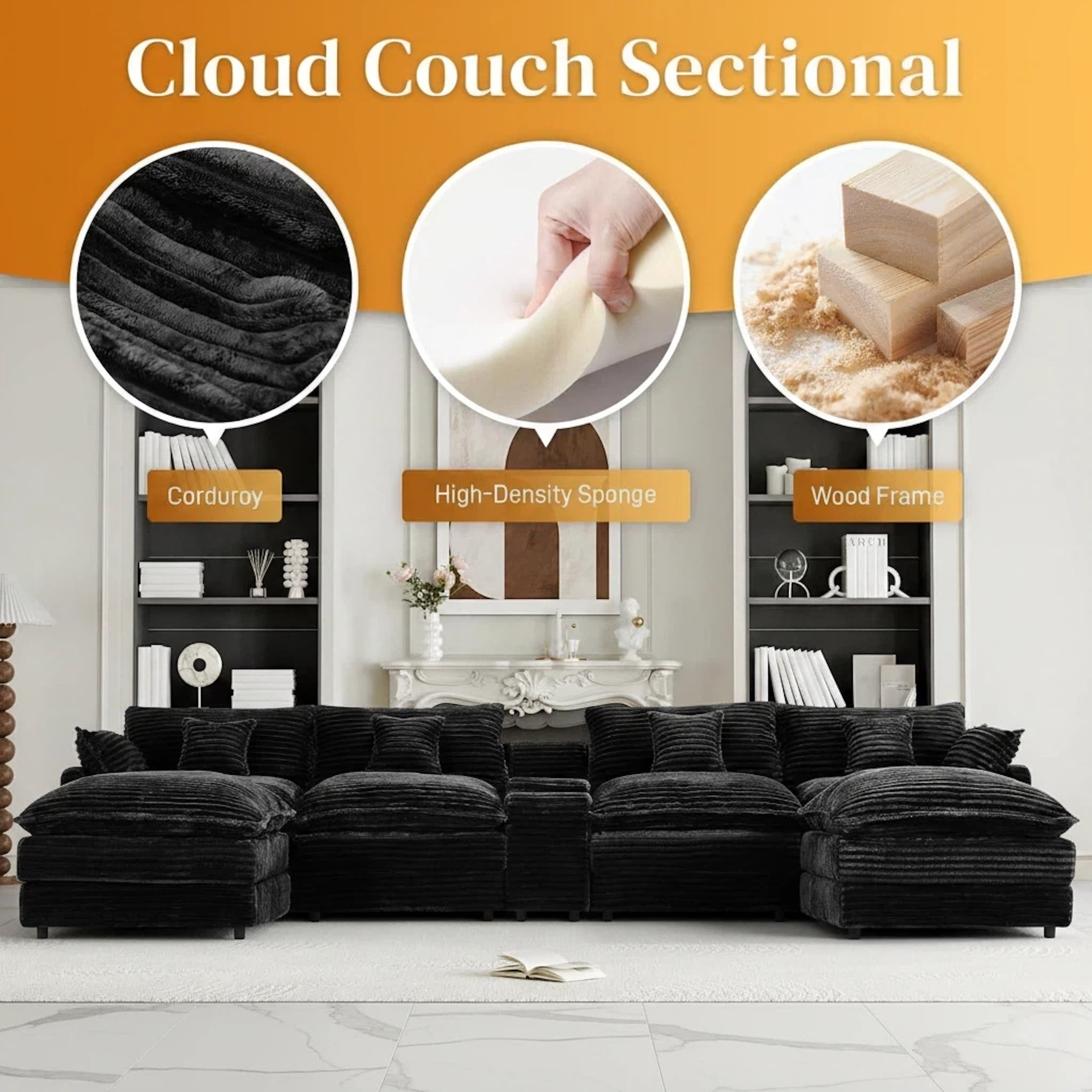 Aisword 145" U Shaped Cloud Couch Sectional with USB Charging, Hidden Storage, Cup Holders & Chenille Double Chaise, Black