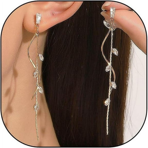 Long Rhinestone Tassel Earrings for Women Bohemia Sparkling Crystal Twist Dangling Earrings Minimalist Zircon Leaf Dangle Earrings Wedding Jewelry