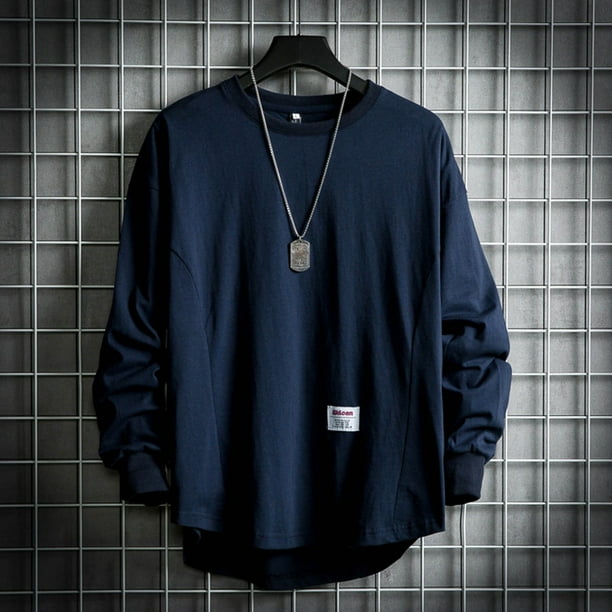Blusas y camisas de manga larga y cuello redondo para hombre, estilo casual, de color liso, de poliéster y algodón.