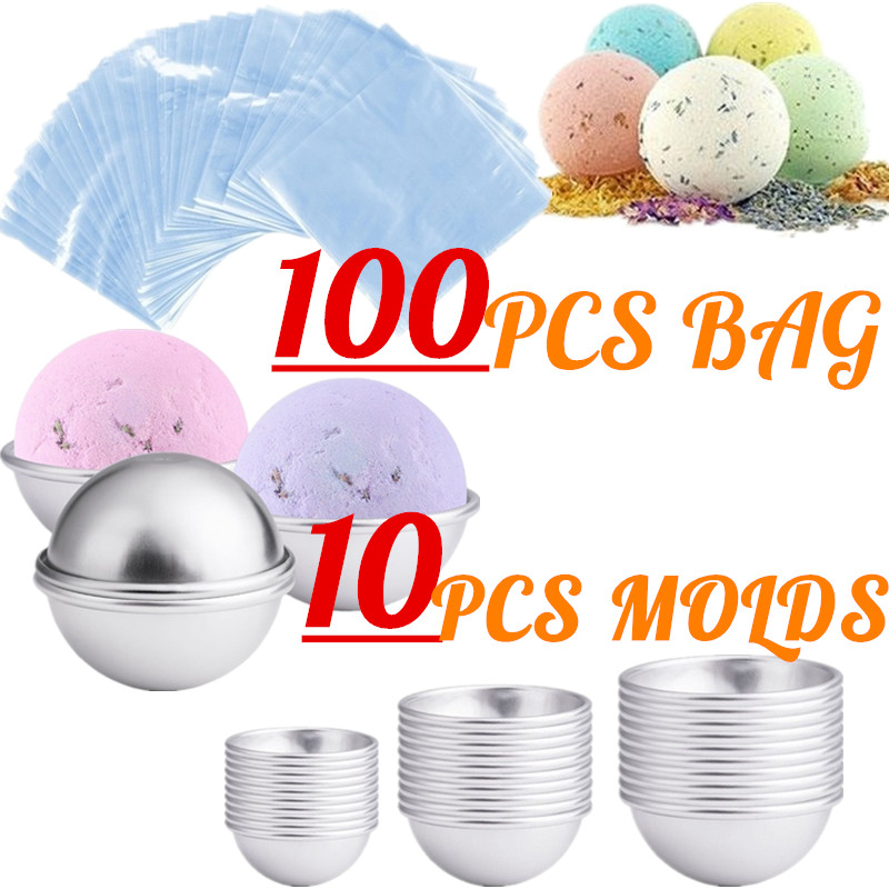 10PCS Aluminum Bath Bomb Molds WITH 100 PACKS Shrink Wrap Bags 3 size DIY Fizzy Sphere Round