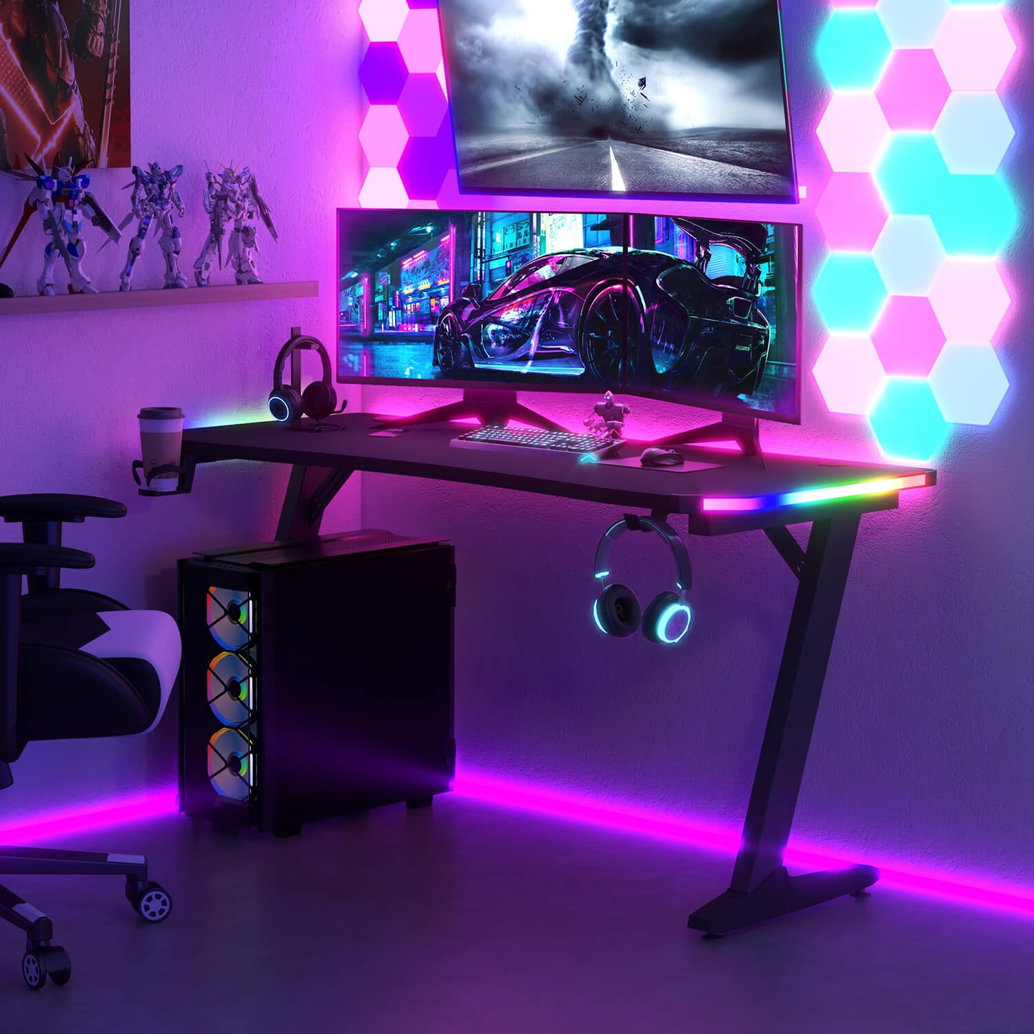 Patiowell RGB LED Lights Gaming Desk, Z Shaped Computer Gaming Table