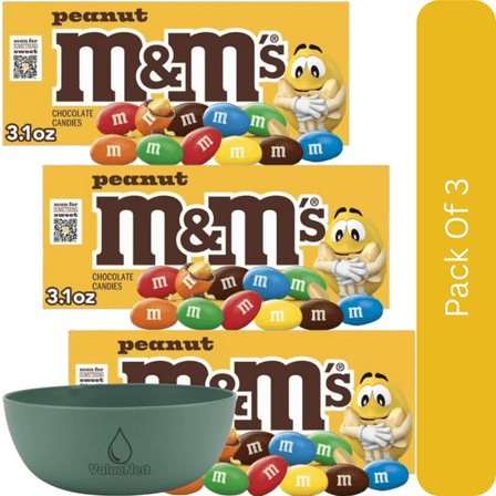 M&M's Peanut Milk Chocolate Candy Theater Box - 3.1 oz Box-3pk, With Olive Green Bowl By ValueNest