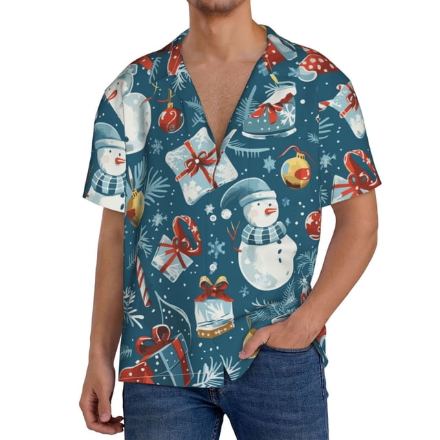 Fotbe Christmas Snowman Gift Camisa Estampada de Manga Corta para Hombre, Casual de Verano, Estilo Playero, Sin Arrugas-X-Large