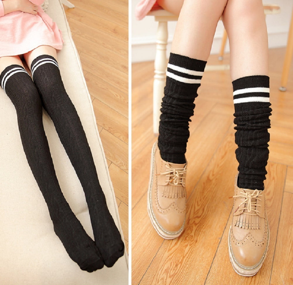 Hot Comfortable Women Cotton Over The Knee Long Socks Striped Thigh ...