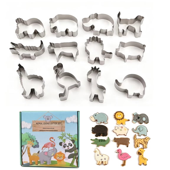 12 Pack Safari Zoo Animal Cookie Cutters Set, Food Grade Stainless Steel Shaped Baking Molds for Cookies, Fondant, Fruit Cutting & Kids DIY Crafts