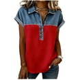 thumbnail image 2 of ClodeEU Women's Notch Collar Patchwork Denim Short Sleeve Shirt ,Trendy Casual Blouse Red,Womens Plus M, 2 of 5
