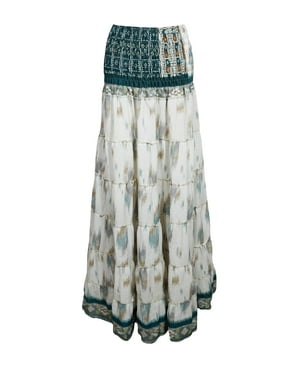 Mogul Women Blue White Floral Printed 2 in 1 Recycled Sari Beach Maxi Skirts Bohemian Summer Tube Dress S/M