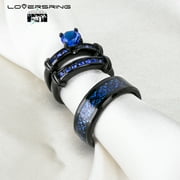 His and Hers Wedding Ring Sets Couples Rings Black Gold Plated Round Blue Cz Stainless steel band