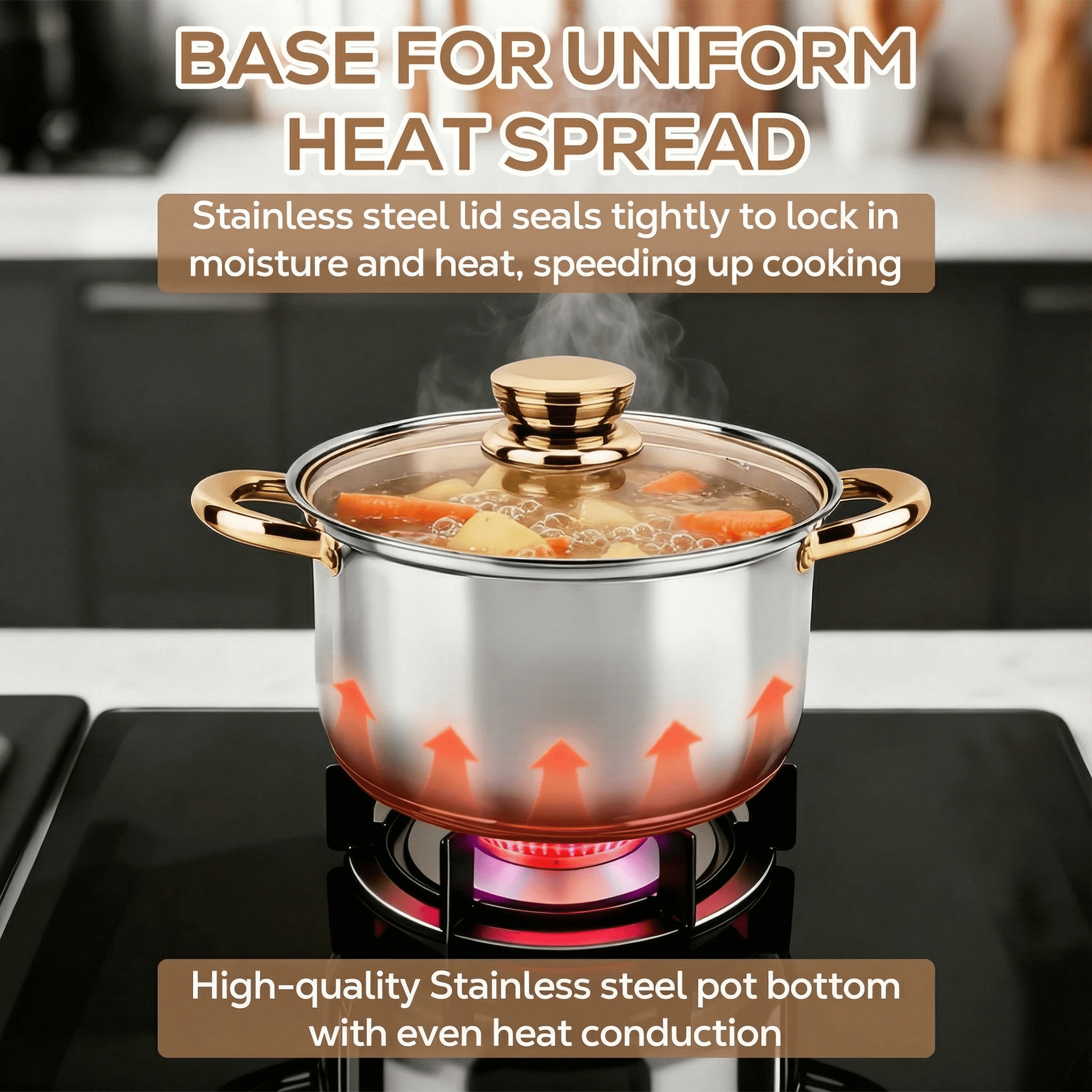 Bestdin Stainless Steel 8 Pieces Cookware Set with Lids, Gold Pots and Pans Kitchen Set Includes 4 Pots and 4 Visible Lids, Dishwasher-Safe